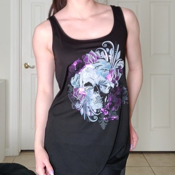 NEW Goth Las Vegas Punk Emo Skull Shiny Print Floral Rose Small Medium Edgy - Picture 2 of 9